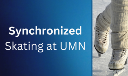 White text on a blue background that reads "synchronized skating at UMN" with an image of ice skates on ice in a crossed position.