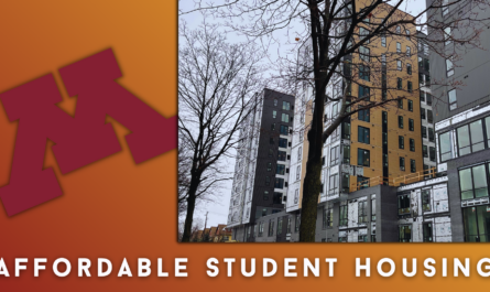 Apartment building with caption Affordable Student Housing