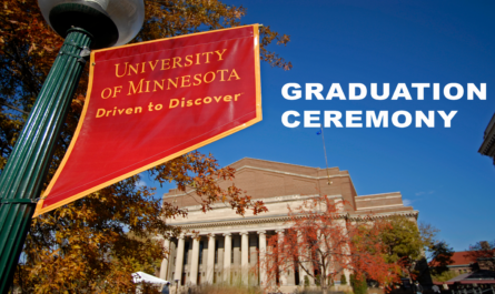 A shot of Northrop Auditorium on the University of Minnesota campus with a text overlay that reads "Graduation Ceremony"