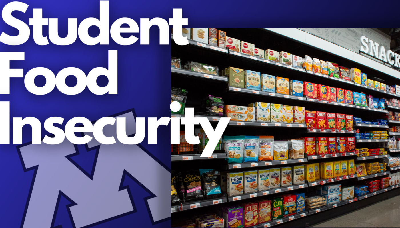 Grocery store with text saying student food insecurity with Minnesota logo in the background