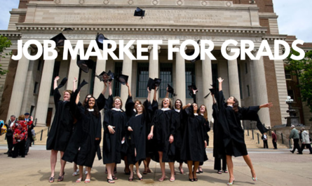 Graduates celebrate in front of a building by throwing their caps in the air. Above them text reads "Job Market for Grads"