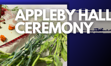 Picture of alter with flowers and greenery. With text titling appleby hall ceremony over a blue background.