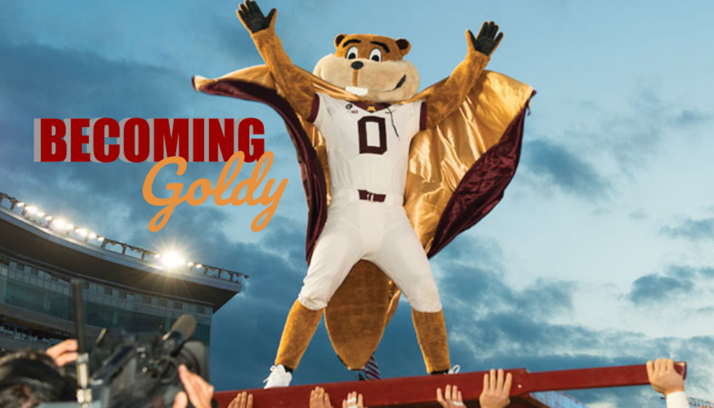 Goldy the Gopher celebrates during a football game in hopes of encouraging young fans to try-out to become the mascot.