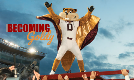 Goldy the Gopher celebrates during a football game in hopes of encouraging young fans to try-out to become the mascot.