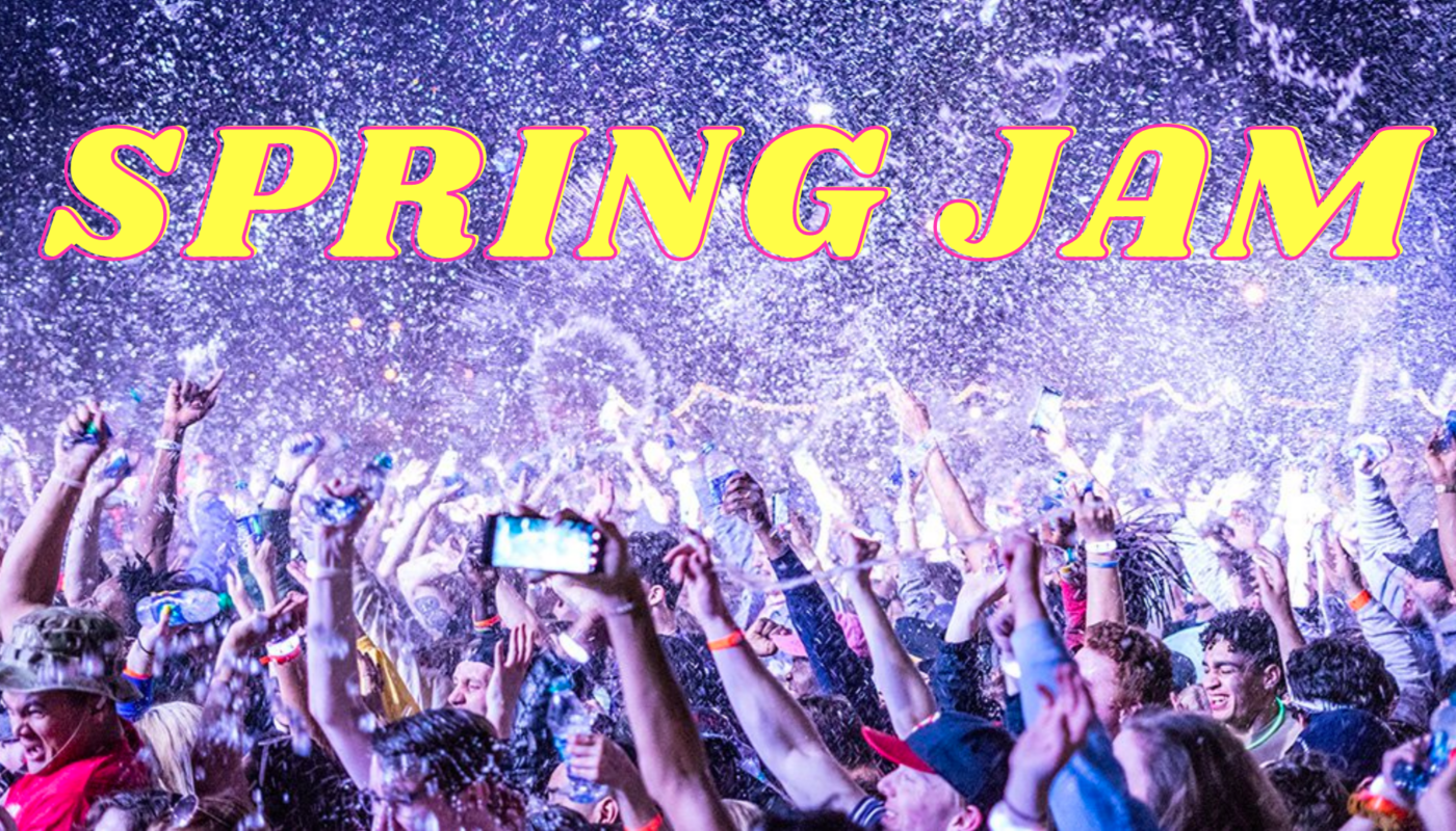 College students party at a spring festival with the text "SPRING JAM" OVERLAYED UPON THEM