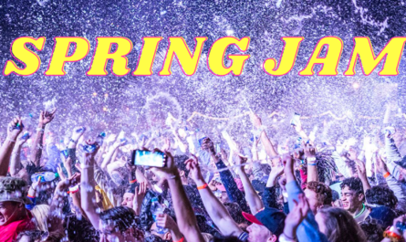 College students party at a spring festival with the text "SPRING JAM" OVERLAYED UPON THEM