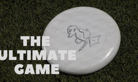 A frisbee with a duck on it lies on a turf field. The text above it reads "The Ultimate Game"