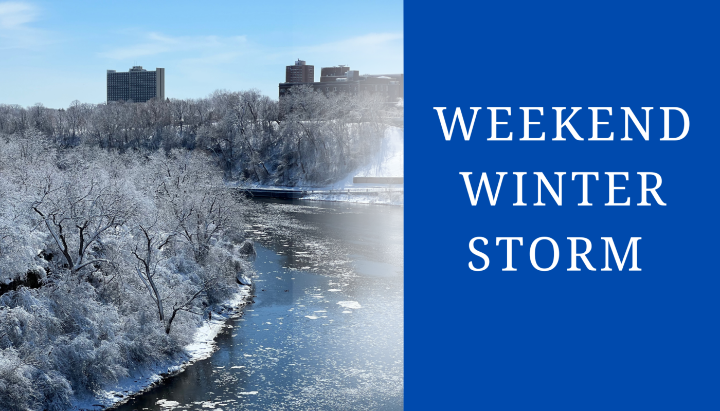 Text reads "Weekend Winter Storm" on a blue background with a picture of the Mississippi River after the snow.
