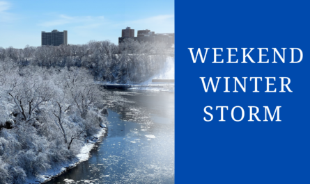 Text reads "Weekend Winter Storm" on a blue background with a picture of the Mississippi River after the snow.