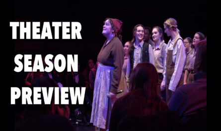 Text reads "Theater Season Preview" next to a group of university theater students