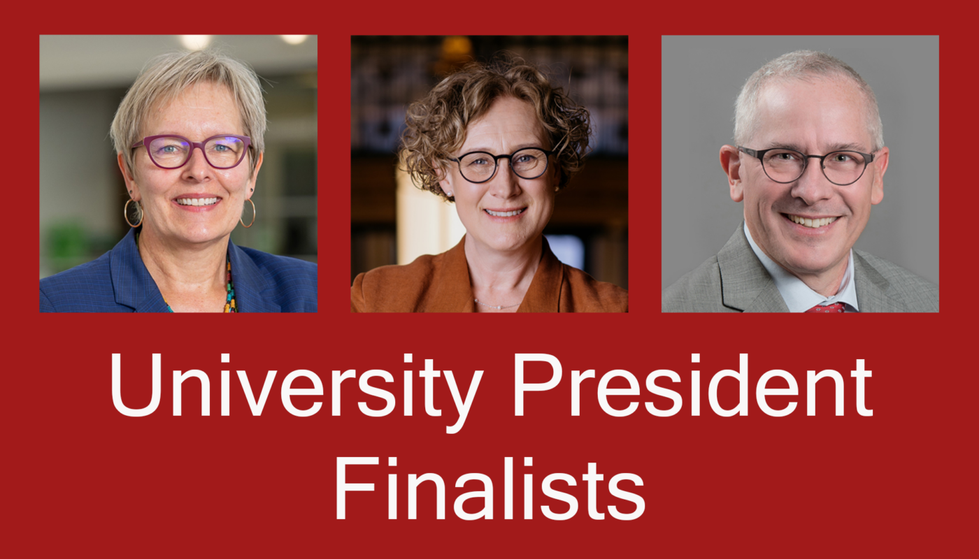 Three separate images of the University of Minnesota President finalists. Text underneath the images says "University President Finalists"