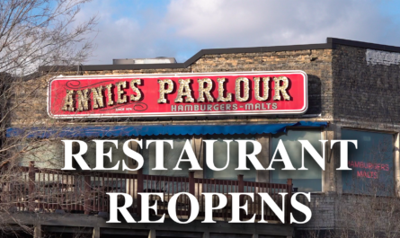 Annie's Parlour restaurant outdoor sign with text that says "restaurant reopens" on top of the picture