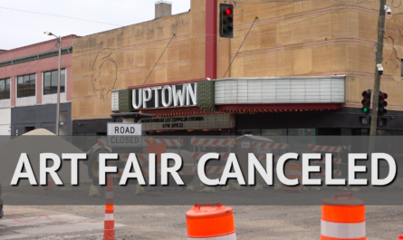 Image of the Uptown Theater with road construction on Hennepin Avenue with text overlaid that reads "art fair canceled"