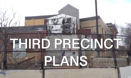 The former third police precinct in Minneapolis with the text "third precinct plans" overlaid.