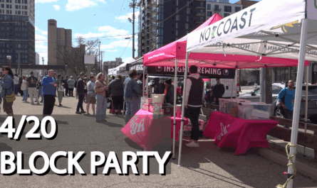 A lively outdoor get together with the words "4/20 block party," with people mingling among vendor tents, including Insight Brewing and No Coast, set against a backdrop of modern high-rise buildings and a sunny blue sky.