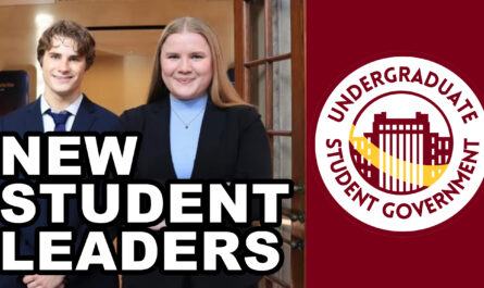 Two students in professional attire stand smiling in front of a building entrance, next to bold text reading “New Student Leaders” and a circular logo for Undergraduate Student Government.