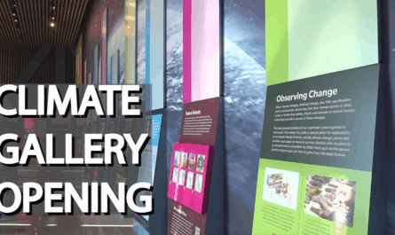 Interior of a climate science gallery showcasing informational displays about environmental change, illuminated by natural light, with the words "CLIMATE GALLERY OPENING" in large bold letters superimposed.