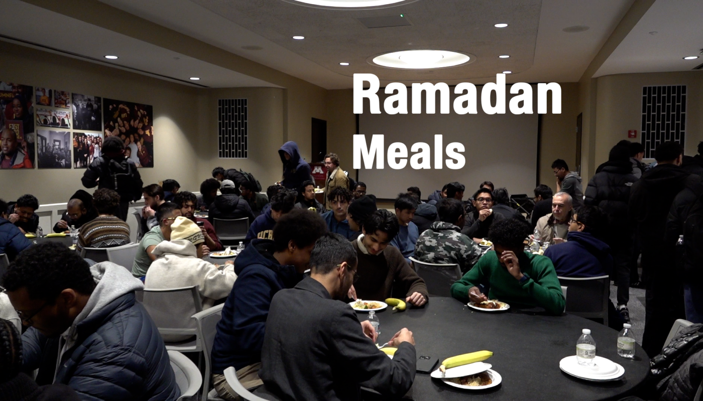 Muslim students eating meals to break their fasts on campus in Coffman Union.