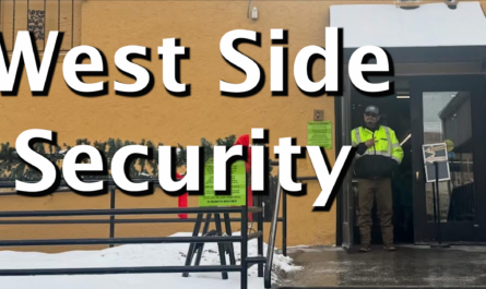 Neighborhood security guard holds up a peace sign in front of El Burrito, a local restaurant in the West Side.